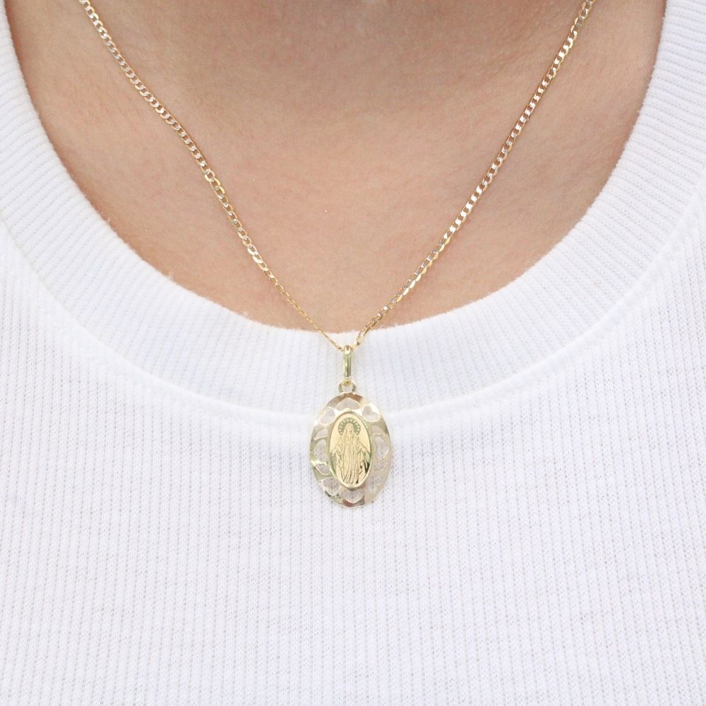 Medalla de Oro 14k de Forma Oval con Diseño Calado de Corazón e Imagen de la Virgen Milagrosa mod. 9852