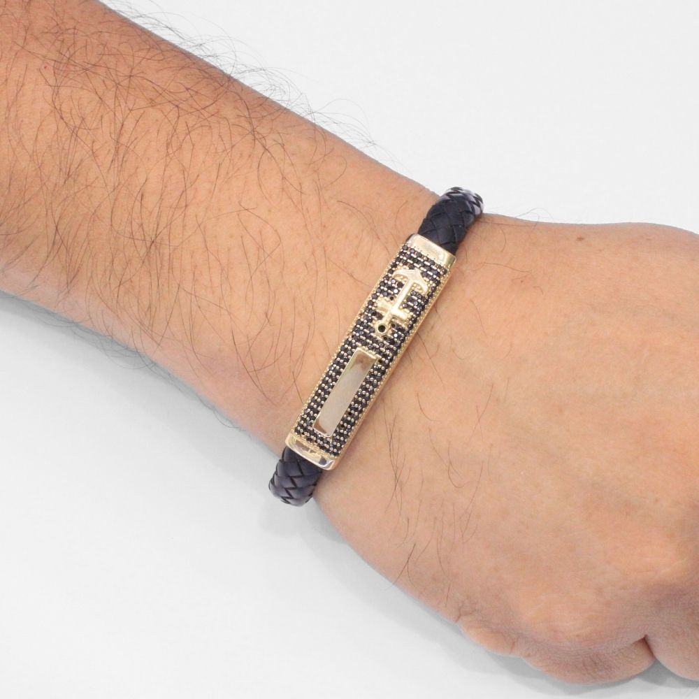 Pulsera con Pieza Brillante de Oro 14k Diseño Marino con Incrustación de Zirconias Oscuras mod. 9879