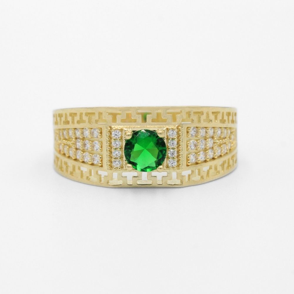 Anillo de Oro 14k Modelo Calado con Grecas Detallado con Zirconias y Zirconia Frontal Color Verde Esmeralda mod. 9734