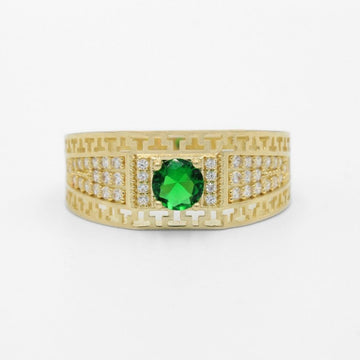 Anillo de Oro 14k Modelo Calado con Grecas Detallado con Zirconias y Zirconia Frontal Color Verde Esmeralda mod. 9734