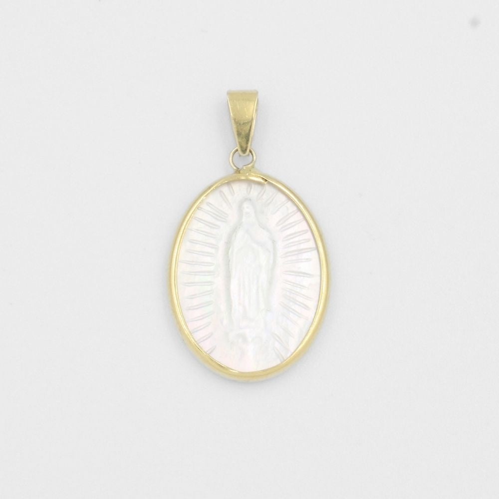 Medalla de Oro 14k Virgen Guadalupe de Madre Perla Sostenida en Bisel Fino mod. 8029