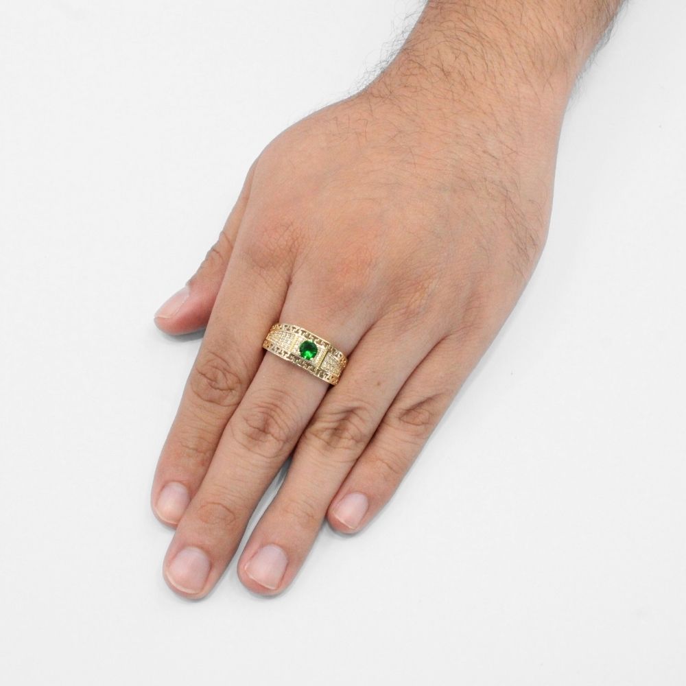 Anillo de Oro 14k Modelo Calado con Grecas Detallado con Zirconias y Zirconia Frontal Color Verde Esmeralda mod. 9734