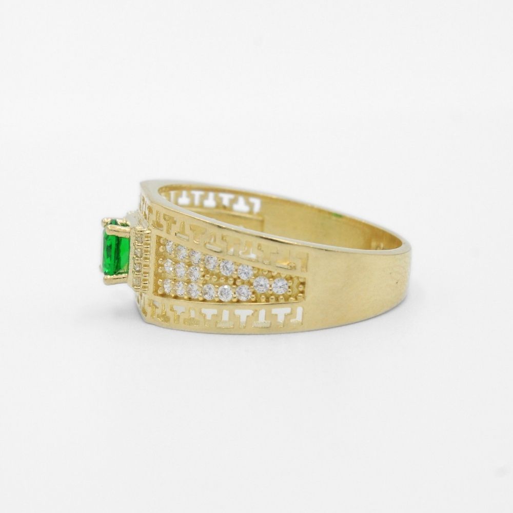 Anillo de Oro 14k Modelo Calado con Grecas Detallado con Zirconias y Zirconia Frontal Color Verde Esmeralda mod. 9734