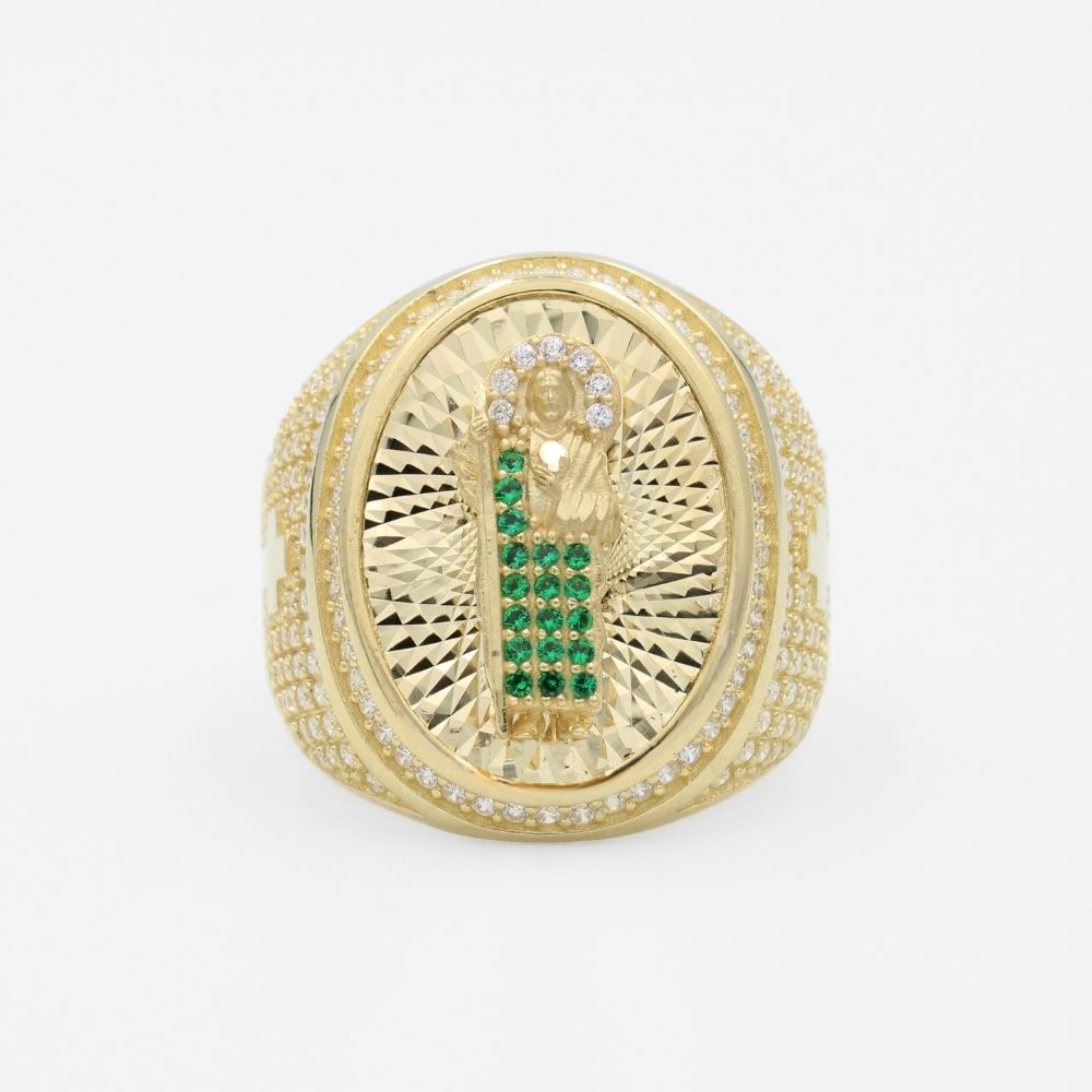 Anillo de Oro 14k Diseño de Frente Oval Incrustado con Zirconias y Figura de San Judas en Diamantado mod. 9719