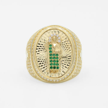 Anillo de Oro 14k Diseño de Frente Oval Incrustado con Zirconias y Figura de San Judas en Diamantado mod. 9719