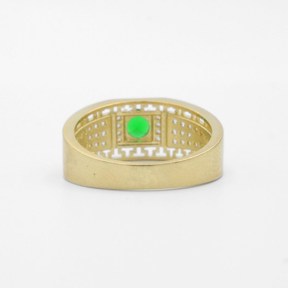 Anillo de Oro 14k Modelo Calado con Grecas Detallado con Zirconias y Zirconia Frontal Color Verde Esmeralda mod. 9734