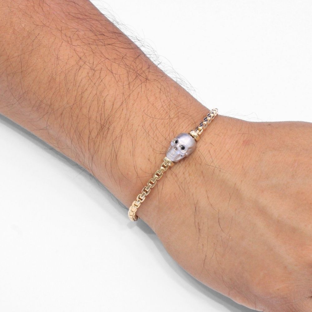 Pulsera de Oro 14k Tejido Cubo Especial con Calavera de Tono Mate mod. 9809