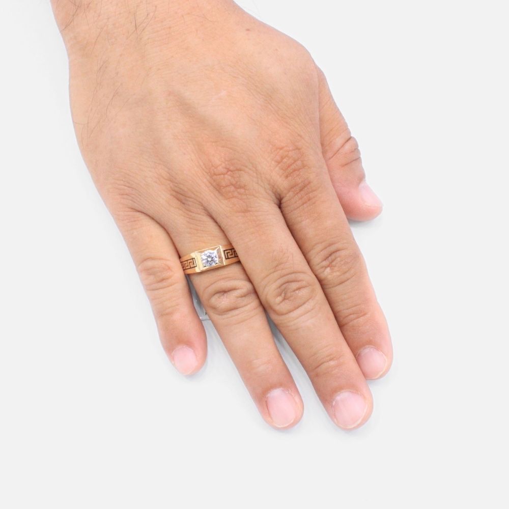 Anillo de Oro 14k Diseño Delgado con Grecas Oscuras y Zirconia Brillante mod. 7436