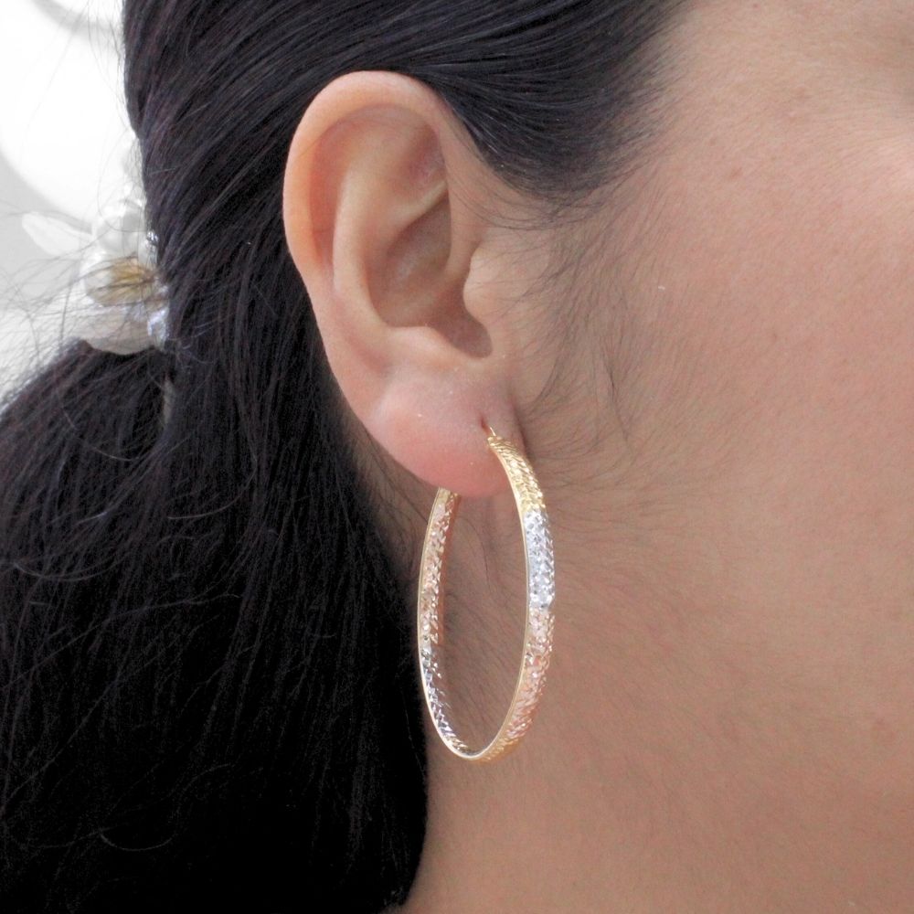 Arracada de Oro 14k Diseño Hueco y Redondo con Diamantado Interior y Exterior mod. 9784