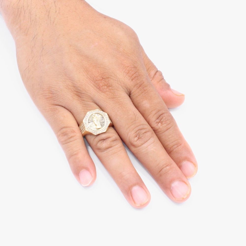 Anillo de Oro 14k San Judas en Fondo Diamantado con Bisel de Zirconias mod. 9283