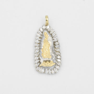 Dije de Oro 14k Virgen Guadalupe con Manto Blanco Diamantado y Zirconias de Resplandor mod. 8031