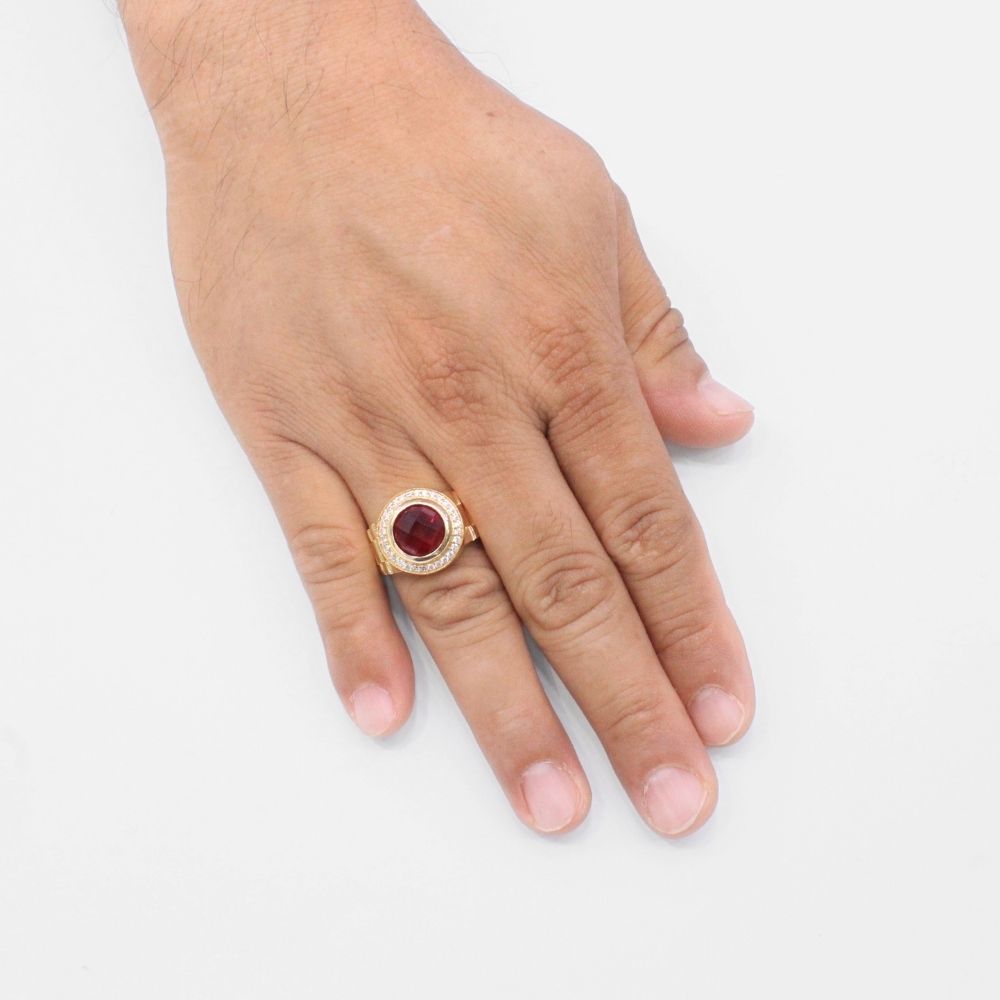 Anillo de Oro 14k con Zirconia Color Rojo Rubí de Corte Fino en Bisel de Zirconias y Cuerpo Especial mod. 9461