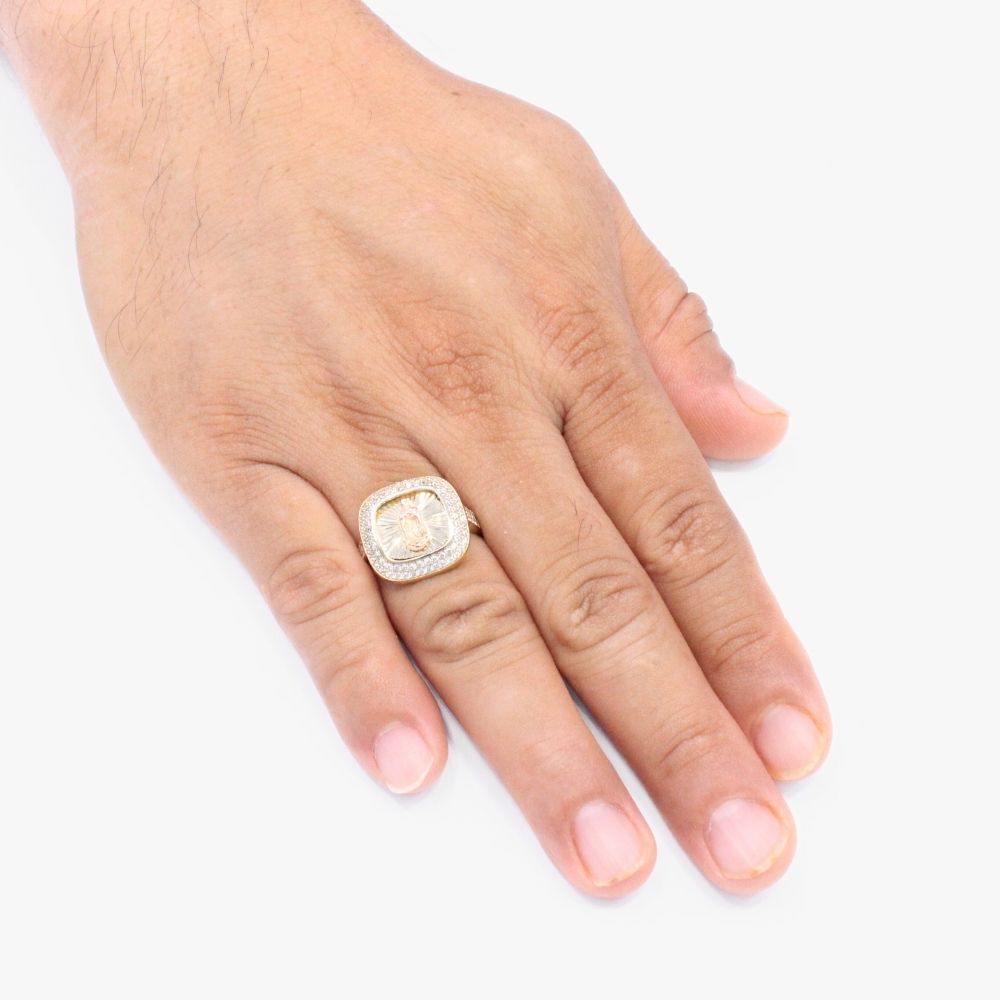 Anillo de Oro 14k con Imagen de la Virgen de Guadalupe en Fondo Diamantado mod. 9284