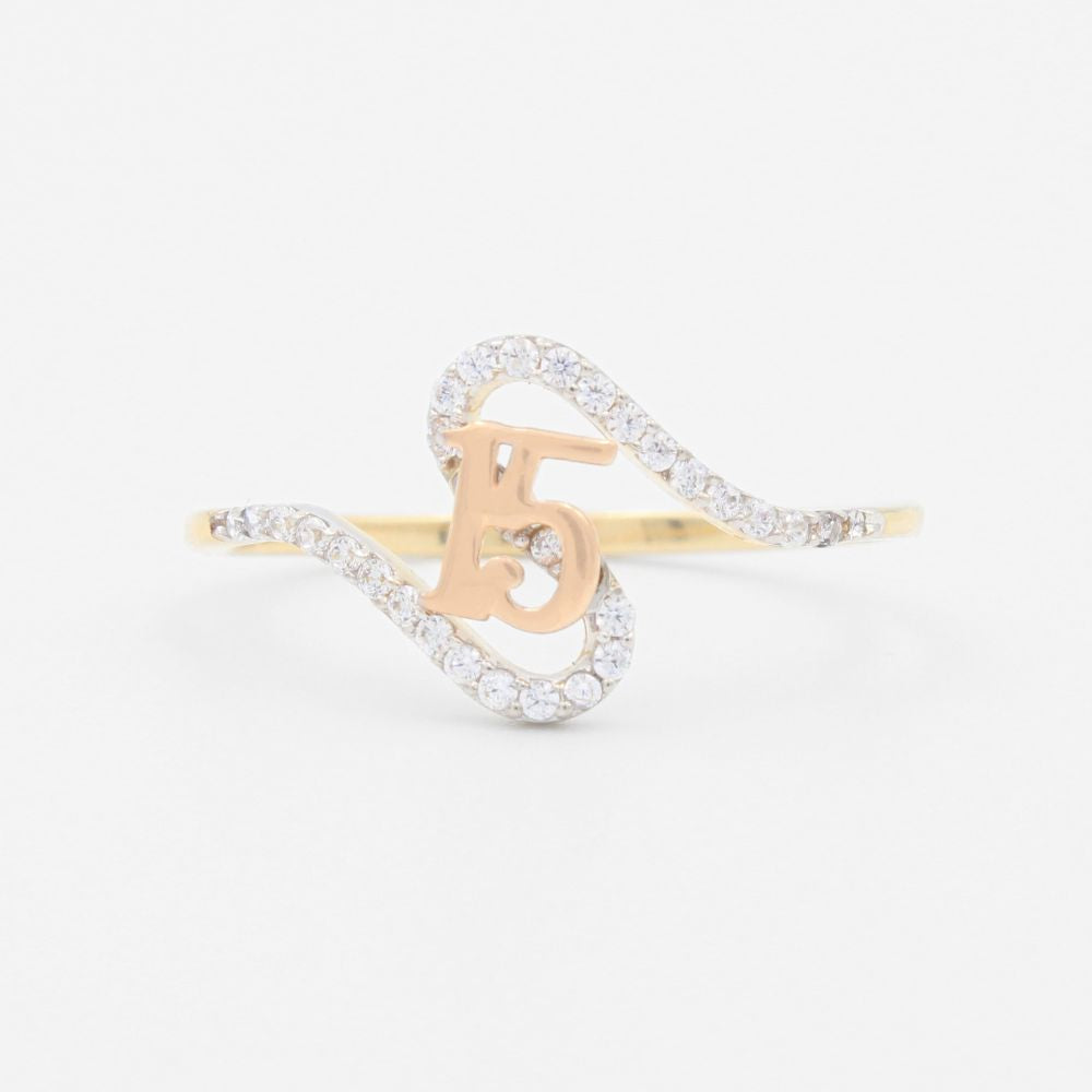 Anillo XV Años de Oro 14k Con Diseño Cruzado Incrustdo de Zirconias mod. 9549