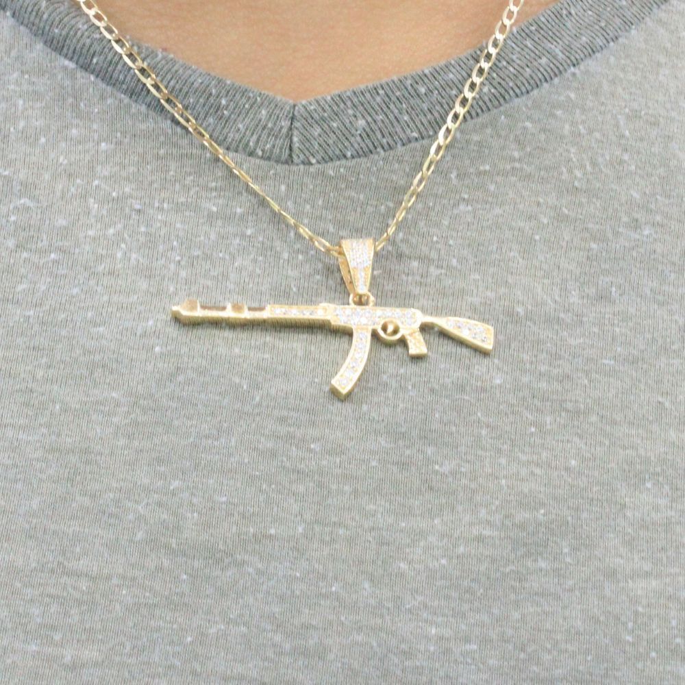 Dije de Oro 14k Diseño de Arma Larga Incrustada de Zirconias mod. 9441