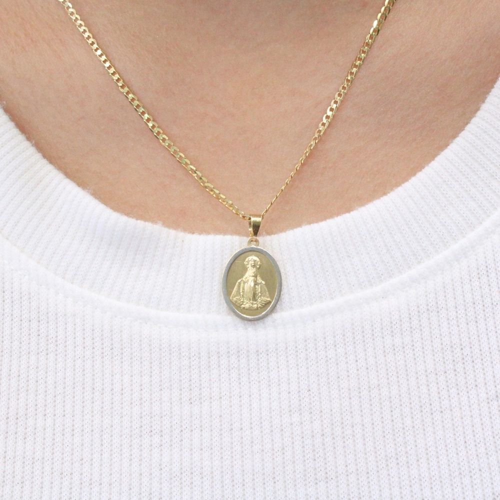 Medalla de Oro 14k de Forma Oval Bicolor con Imagen de la Virgen Milagrosa mod. 9855