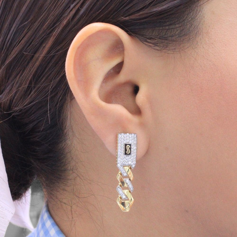 Grapa Larga de Oro 14k Modelo Monaco Chain Pendiente Patente Largo con Incrustación de Swarovski mod. 9389