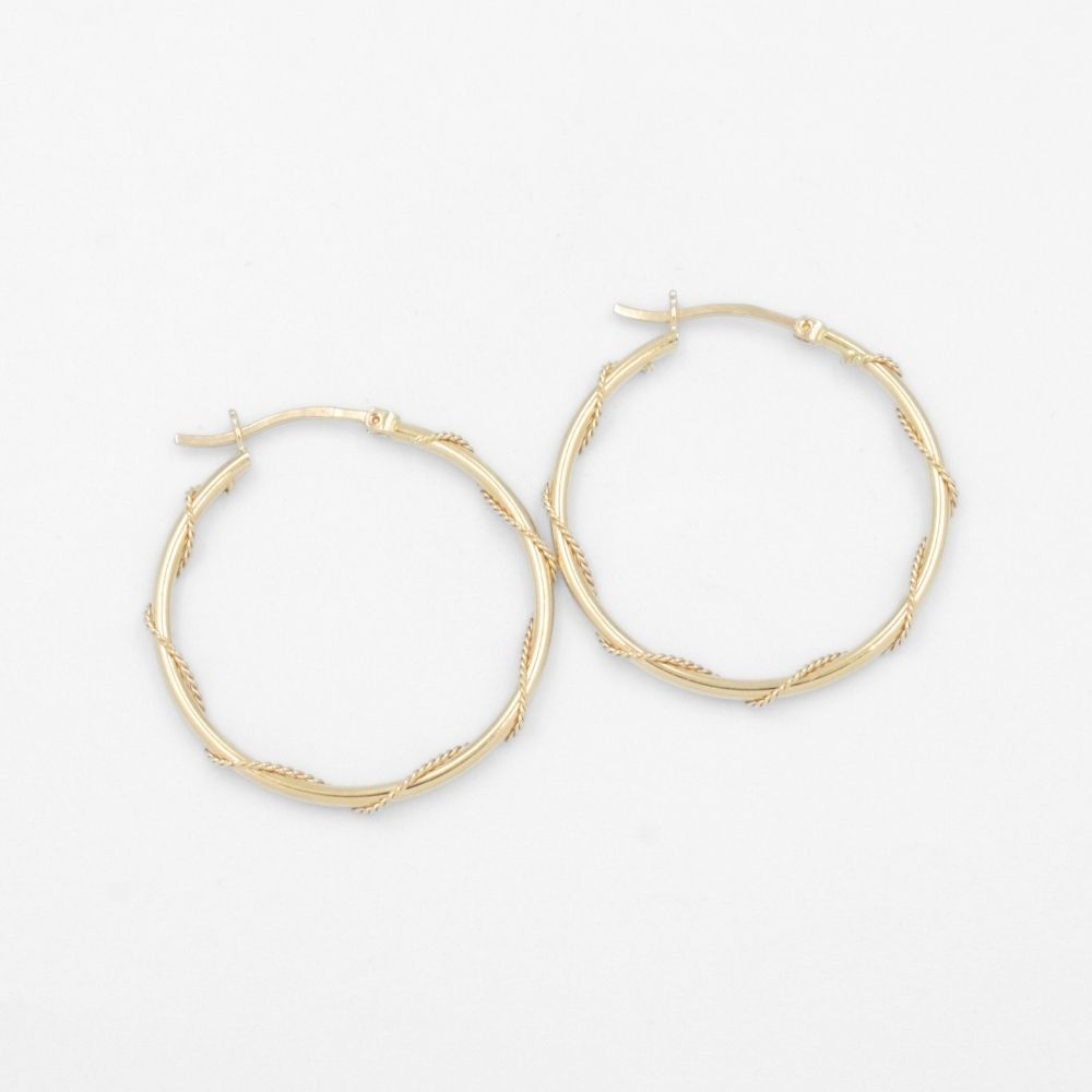 Arracada de Oro 14k Hueca de Diseño Tubular Hueco Detallada con Cuerda Fina mod. 8312