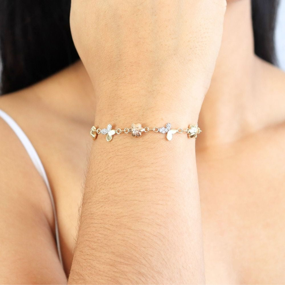 Pulsera de Oro 14k Diseño Primavera con Eslabones Finos y Huecos con Zirconias mod. 3898