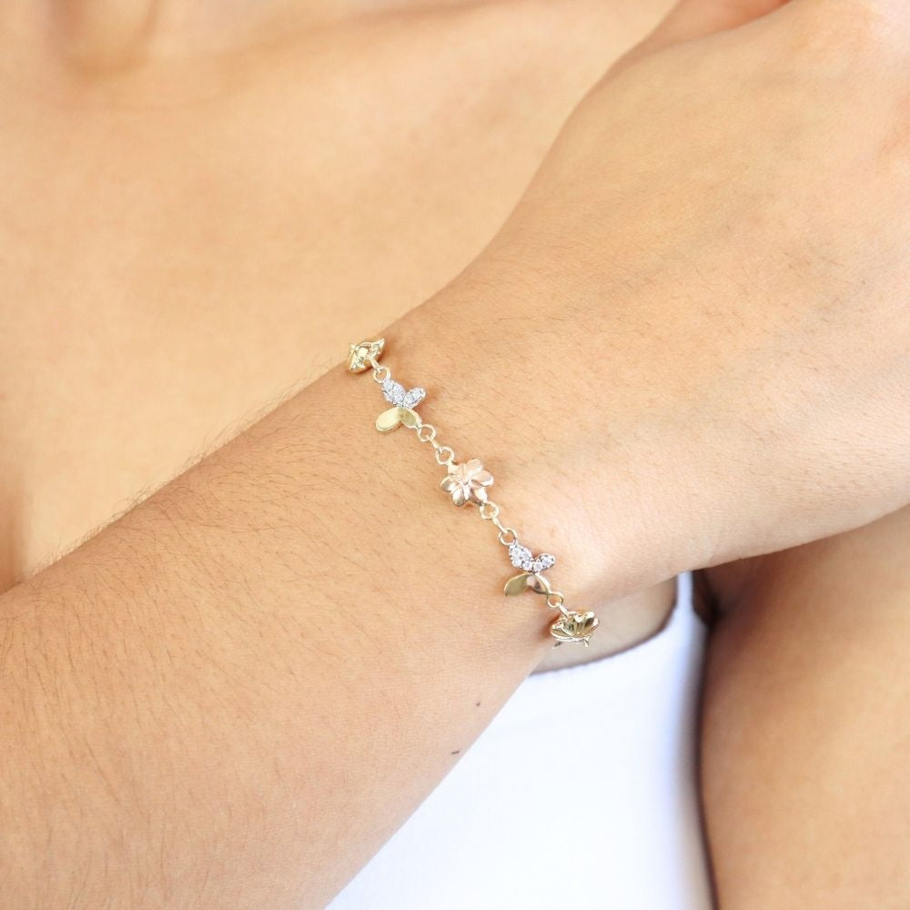 Pulsera de Oro 14k Diseño Primavera con Eslabones Finos y Huecos con Zirconias mod. 3898