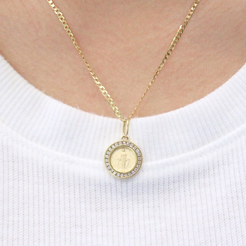 Medalla de Oro 14k de Forma Circular con Zirconias Finas e Imagen de la Virgen Milagrosa mod. 9856