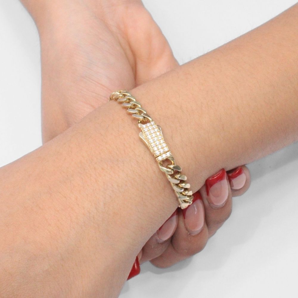 Pulsera de Oro 14k Tejido Barbado Semi Hueco con Broche Incrustado de Zirconias mod. 9882