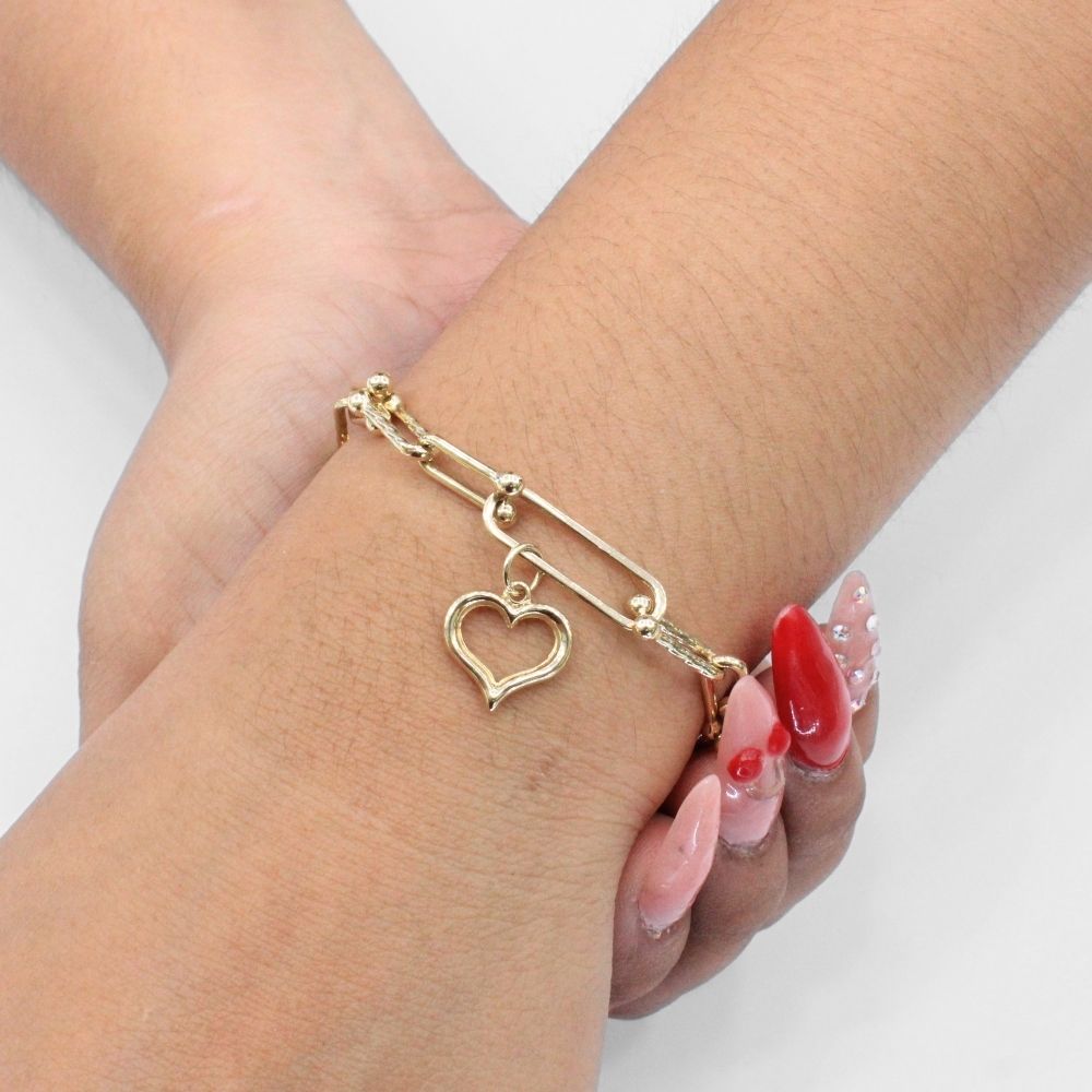 Pulsera de Oro 14k con Eslabones Huecos Especiales con Pequeñas Esferas y Dije de Corazón mod. 9703