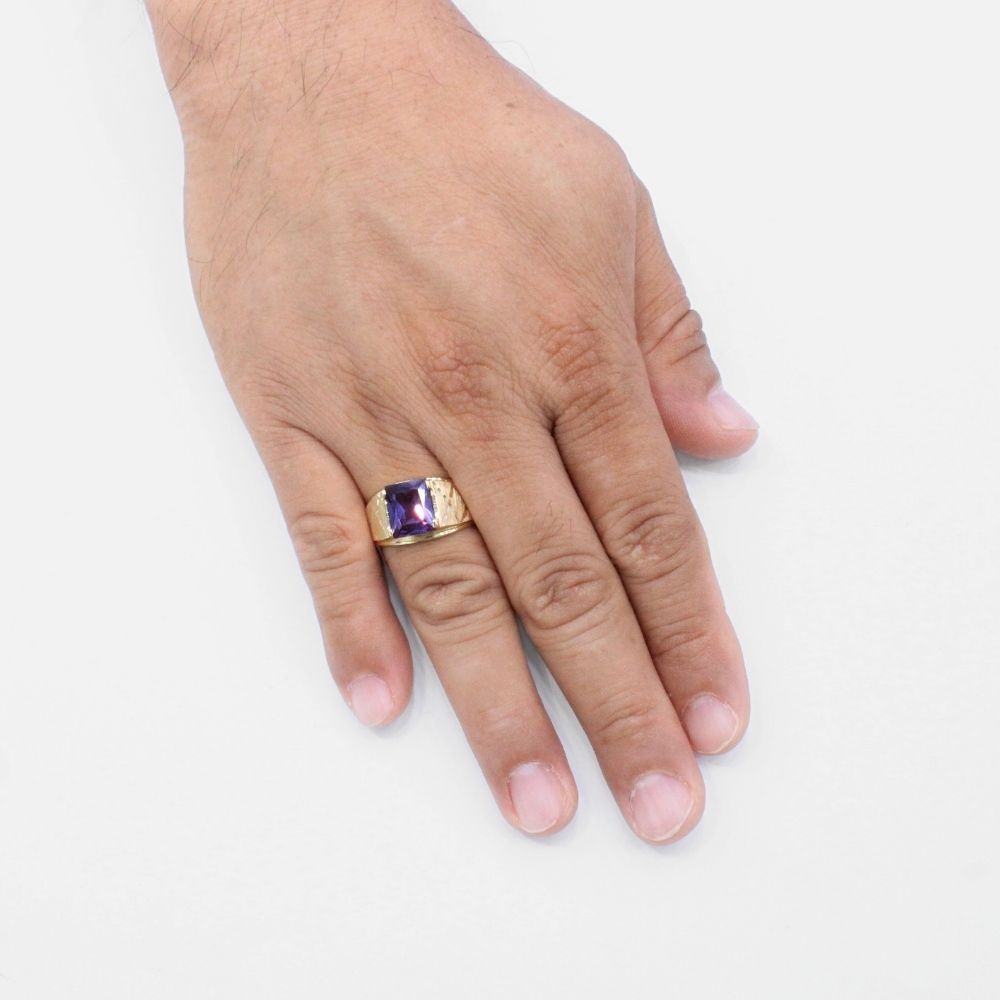 Anillo de Oro 14k con Zirconia Color Morado Royal y Diseño Mate de Figura X mod. 9465