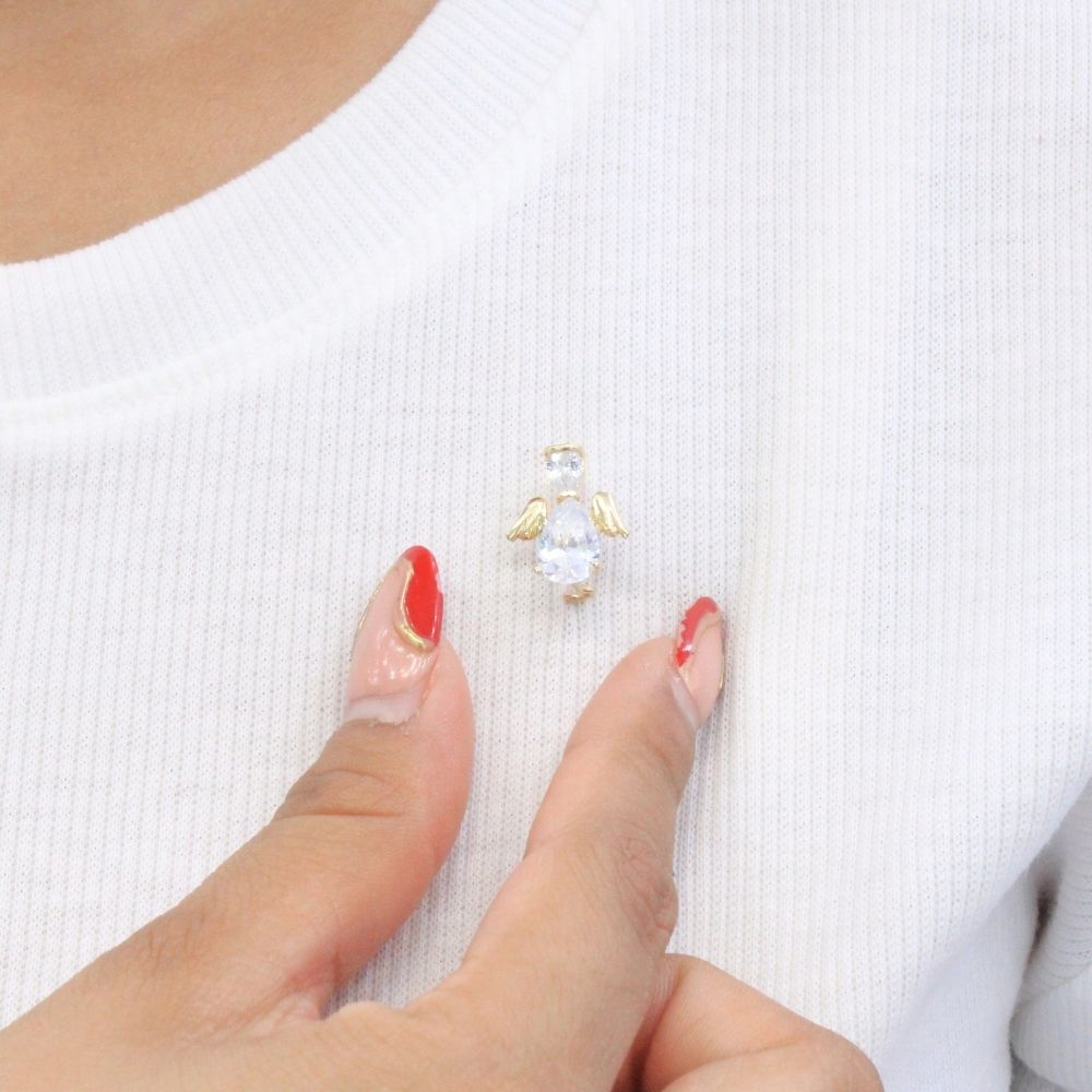 Broche de Oro 14k Prendedor Especial con Forma de Ángel Incrustado con Zirconias mod. 9162