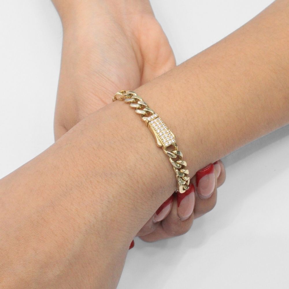 Pulsera de Oro 14k Tejido 3x1 Semi Hueco con Broche Incrustado de Zirconias Brillantes mod. 9883