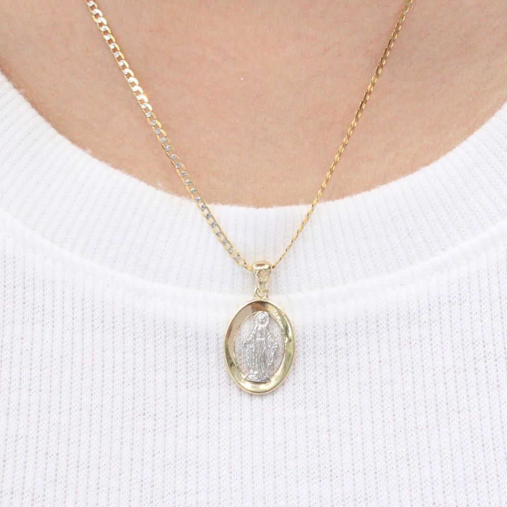 Medalla de Oro 14k Diseño Oval Especial Brillante con Imagen de la Virgen Milagrosa mod. 9858