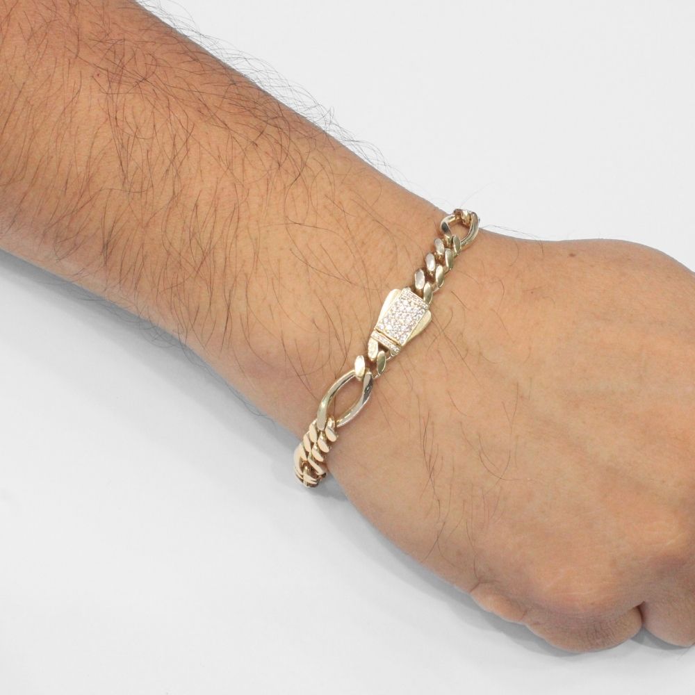 Pulsera de Oro 14k Tejido 3x1 Especial Semi Hueco con Broche Incrustado de Zirconias y Eslabón Amplio mod. 9884