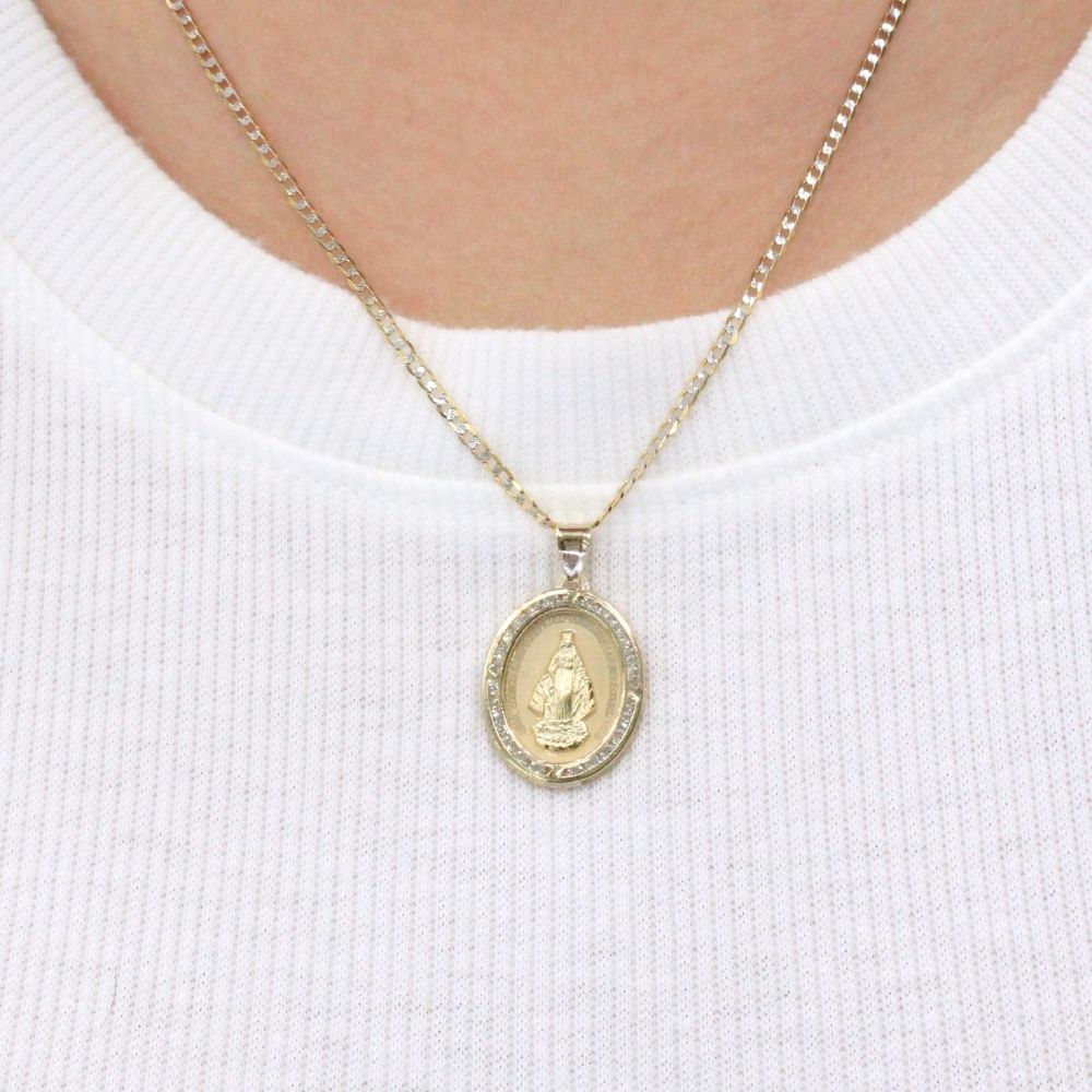 Medalla de Oro 14k Diseño Oval Mate Detallada con Grabado y Zirconias e Imagen de la Virgen Milagrosa mod. 9859