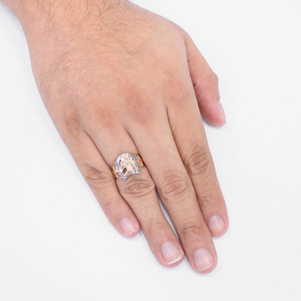 Anillo de Oro 14k Diseño Delgado con Herradura y Caballo Brillante mod. 9468