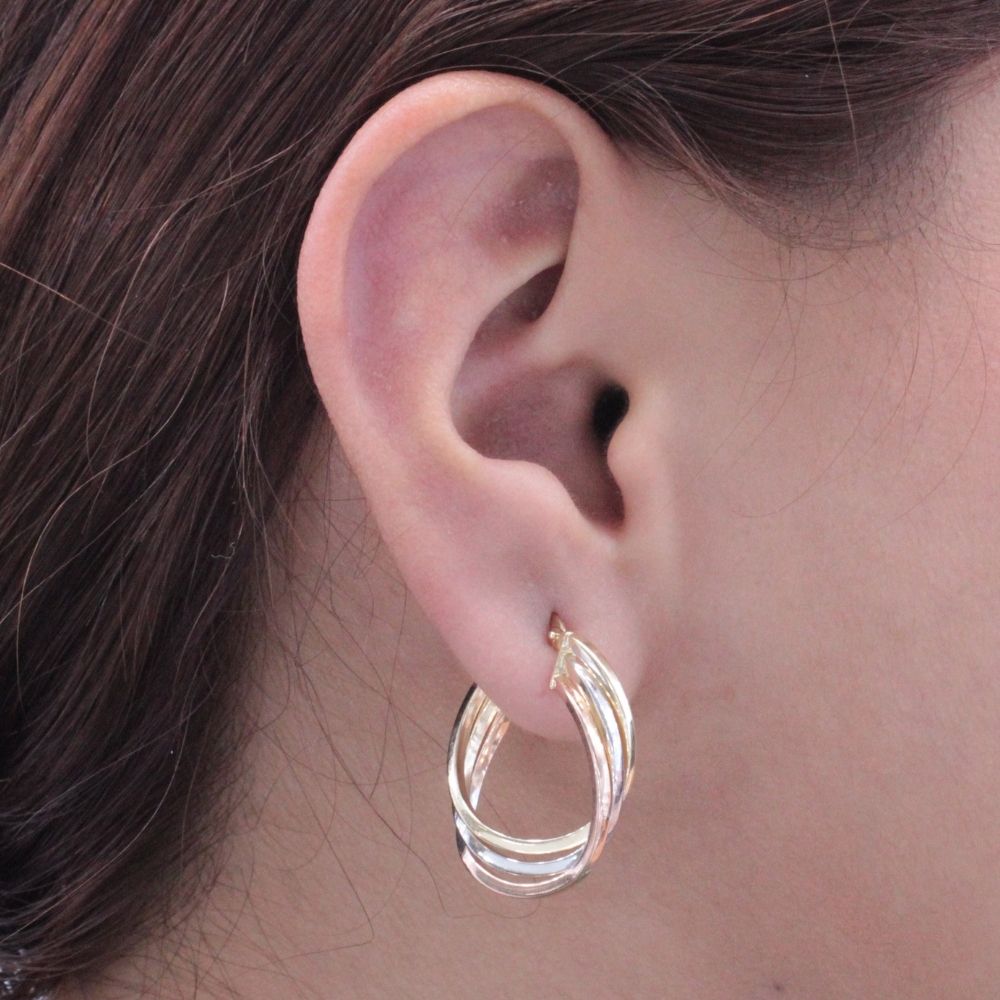 Arracada de Oro 14k de Diseño Tubular Hueco en Tres Tiras Florentinas mod. 8764