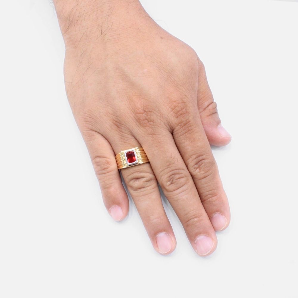 Anillo de Oro 14k Diseño Acanalado con Zirconia Color Rojo Rubí en Bisel Brillante mod. 9469