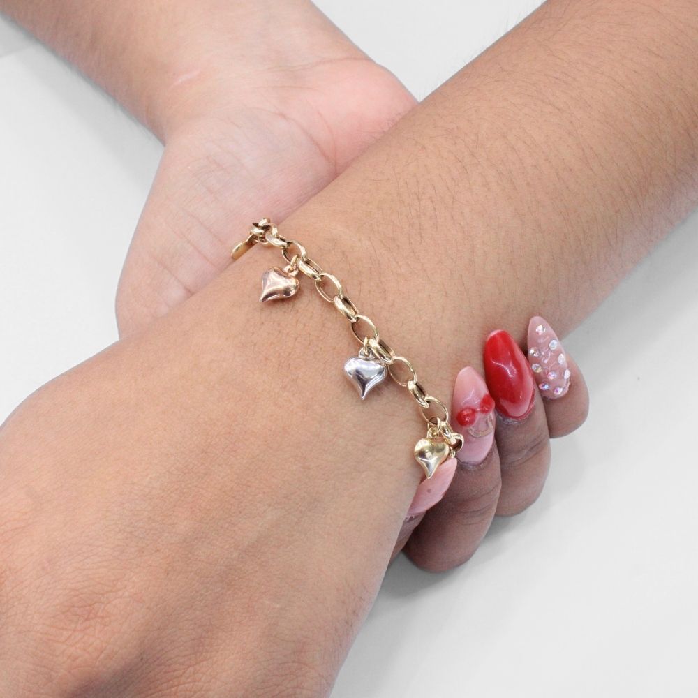 Pulsera de Oro 14k Diseño Fino y Hueco con Dije de Corazón Brillante mod. 9688