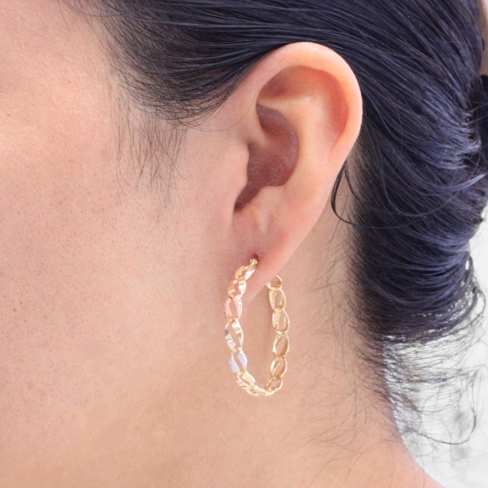 Arracada de Oro 14k Florentino Diseño Mate con Diamantado de Eslabones Finos mod. 7889