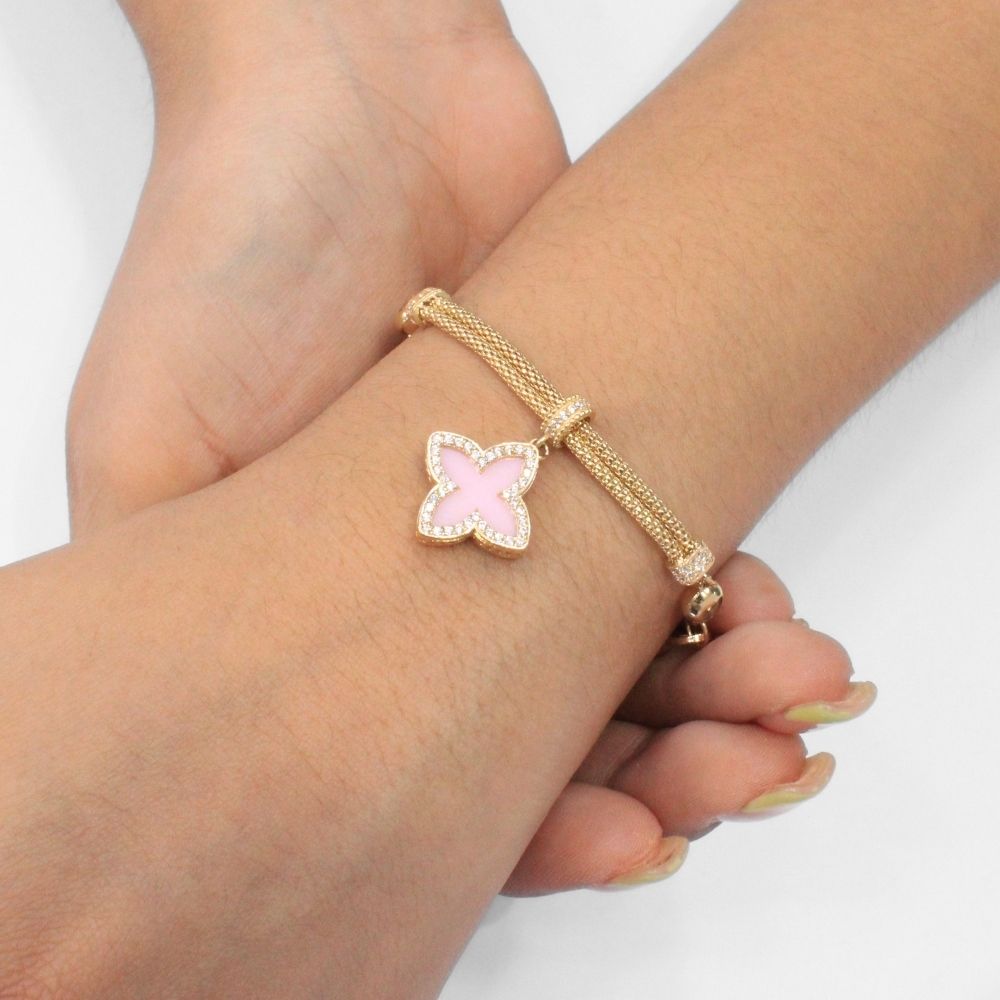 Pulsera de Oro 14k Diseño de Tejido Fino con Trébol Incrustado con Zirconias y Piedra Rosa mod. 9755