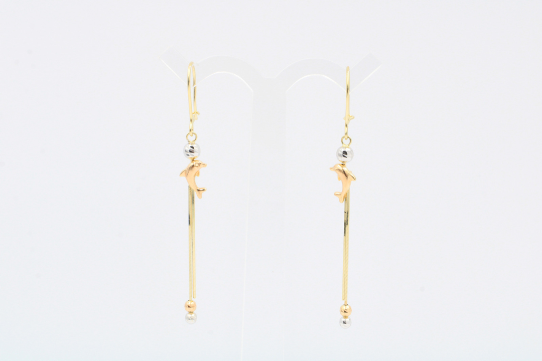 🟣 Arete Largo para Mujer Delfines en Oro 14k Joyería Orovel's