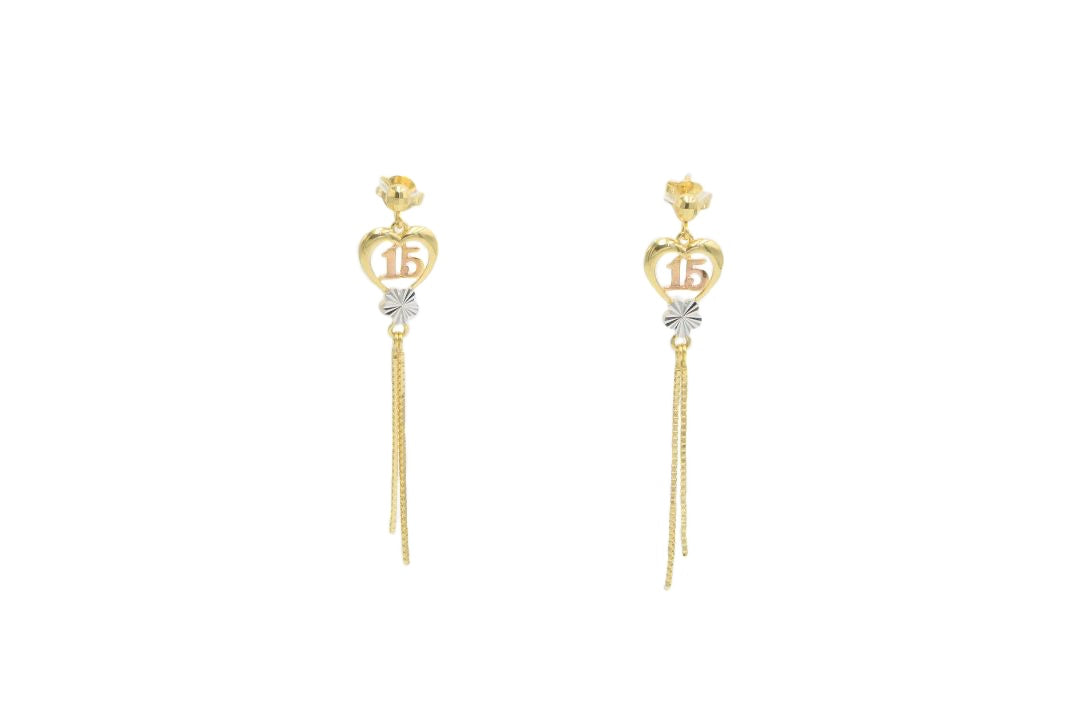 🔸 Arete Largo de Quince Años en Oro 14k Modelo de Corazones