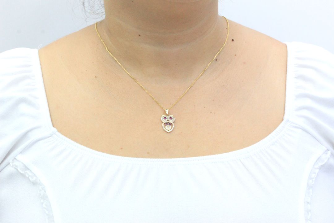 Dije de Oro 14k Búho con Piedras Rojas mod. 4050