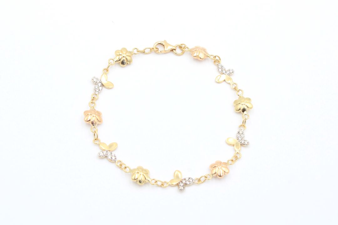 Pulsera de Oro 14k Diseño Primavera con Eslabones Finos y Huecos con Zirconias mod. 3898