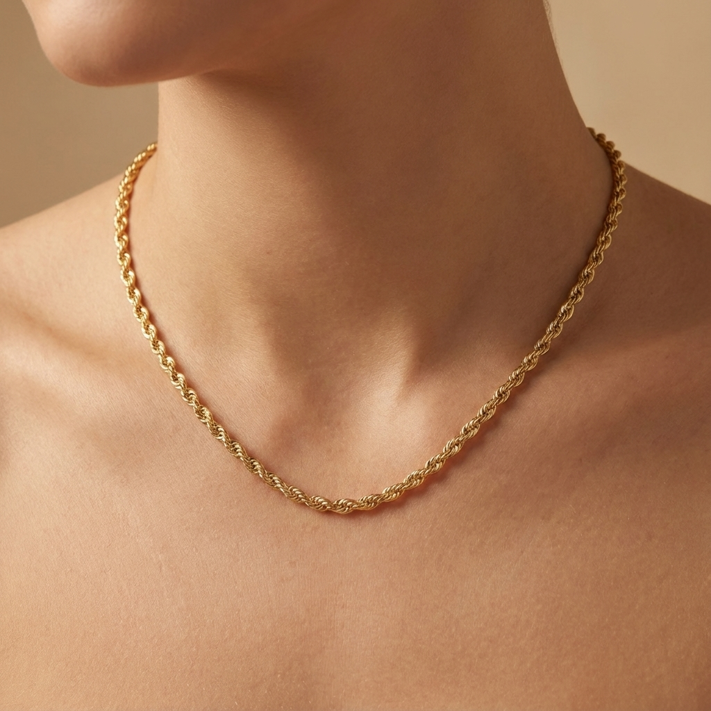 Cadena de Oro 14k Tejido Torzal Fino de Diseño Hueco y Brillante mod. 10341