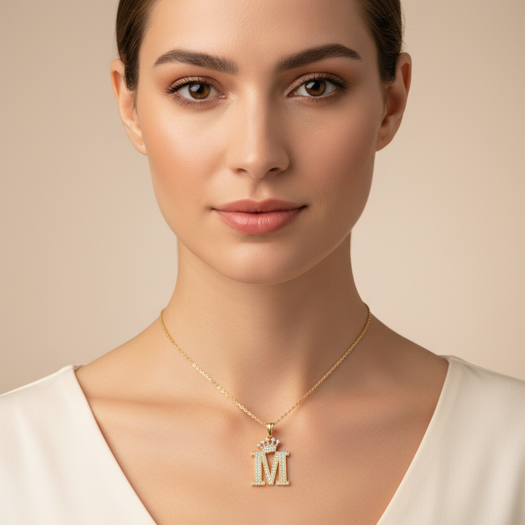 Dije de Oro 14k con Diseño de Inicial M Incrustada con Zirconias mod. 10104