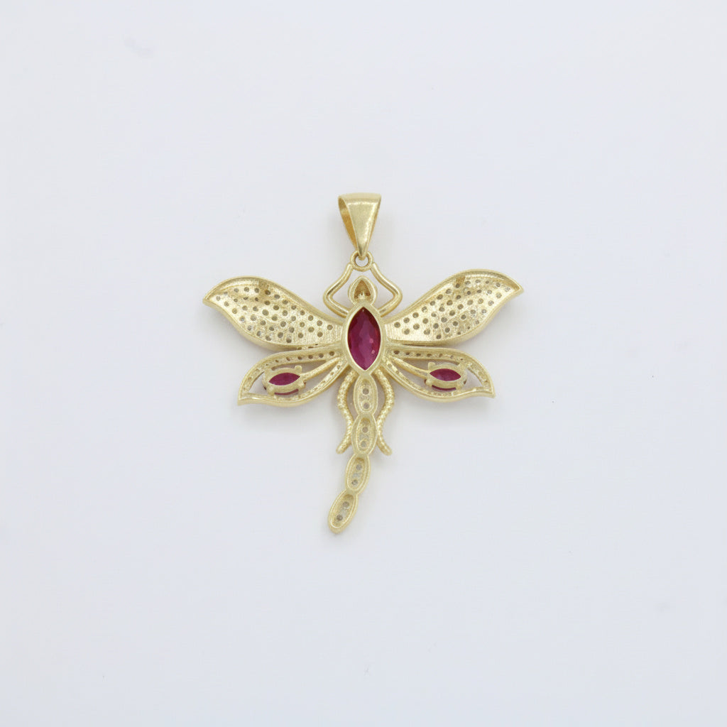 Dije de Oro 14k Libélula con Alas de Zirconias y Centro Rojo Rubí mod. 10083
