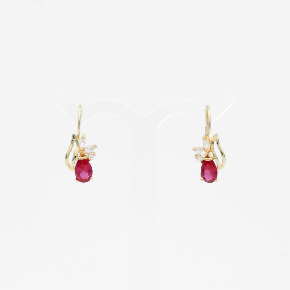Arete con Broche Arillo de Oro 14k Diseño Elegante con Calado Especial y Zirconia Color Rojo Rubí mod. 9769