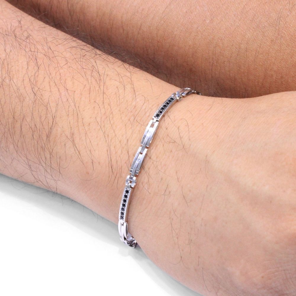 Pulsera de Oro 14k Hueca de Tejido Delgado con Zirconias Oscuras mod. 8689