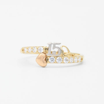 Anillo XV Años de Oro 14k Diseño Cruzado con Corazón Brillante y Zirconias Finas mod. 9399