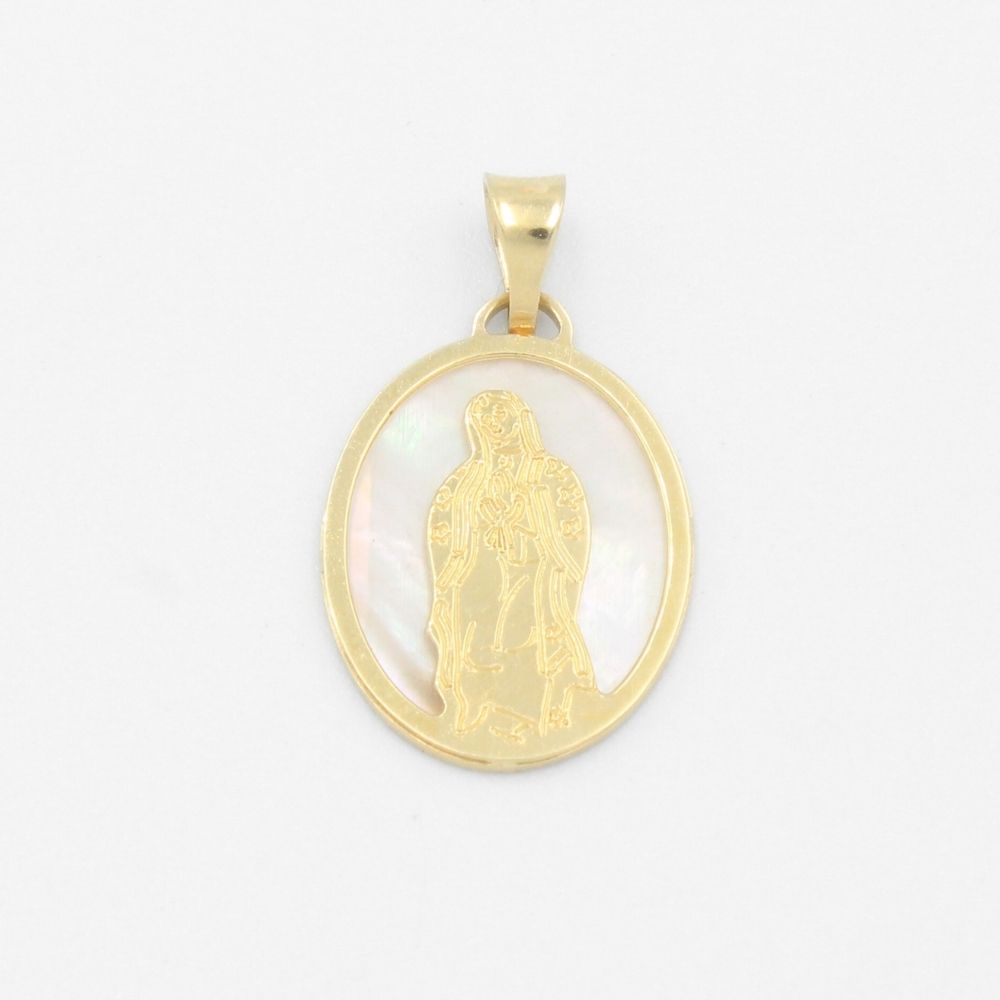 Medalla de Oro 14k con Virgen Guadalupe Incrustada en Madre Perla mod. 9539